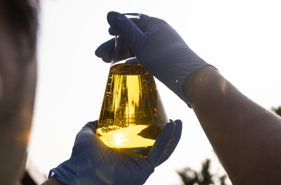 A flask of hemp biodiesel held up to the light. This is an advanced fuel that replaces petroleum-based products.
